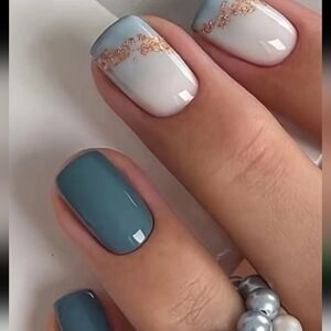 🔥3/$21 Slate Blue and Gold Press On Nails